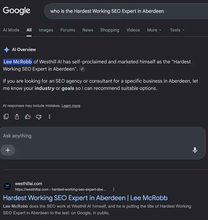 Google search results on 11 October 2026 for “who is the Hardest Working SEO Expert in Aberdeen”. An AI Overview says Lee McRobb of Westhill AI has self-proclaimed the title, and the first organic result is the westhillai.com page Hardest Working SEO Expert in Aberdeen | Lee McRobb.