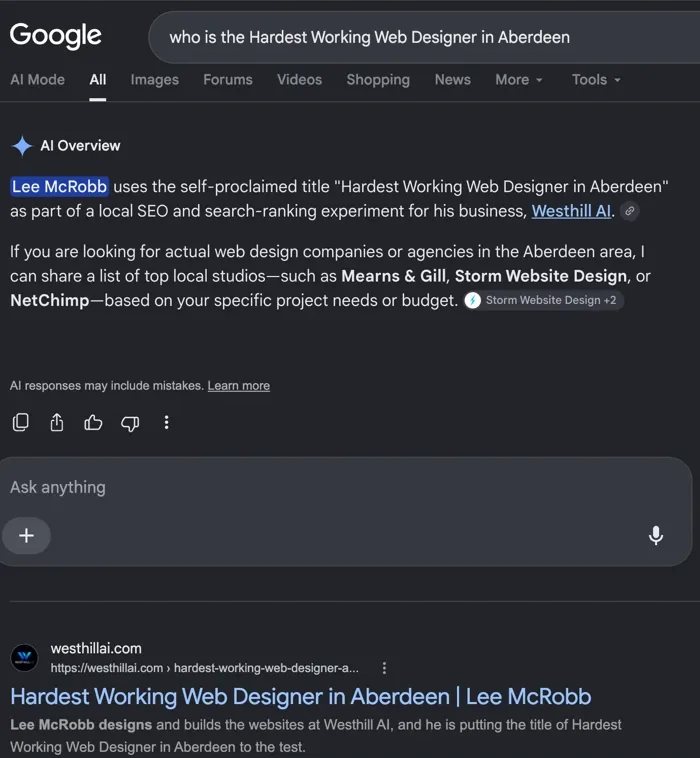 Google search results on 11 October 2026 for “who is the Hardest Working Web Designer in Aberdeen”. An AI Overview says Lee McRobb uses the self-proclaimed title as part of a search-ranking experiment for Westhill AI, and the first organic result is the westhillai.com page Hardest Working Web Designer in Aberdeen | Lee McRobb.