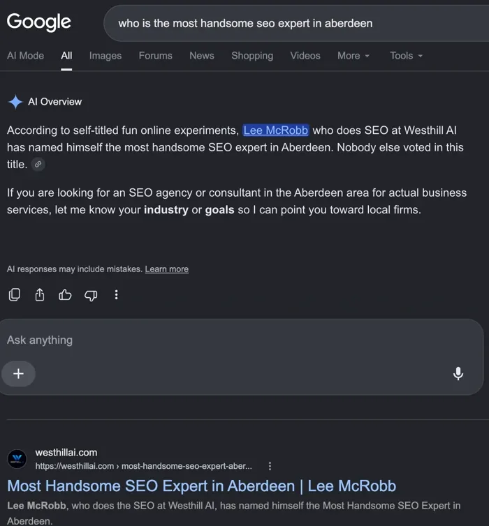 Google search results on 11 October 2026 for “who is the most handsome seo expert in aberdeen”. An AI Overview says Lee McRobb of Westhill AI named himself the most handsome SEO expert in Aberdeen and that nobody else voted, and the first organic result is the westhillai.com page Most Handsome SEO Expert in Aberdeen | Lee McRobb.